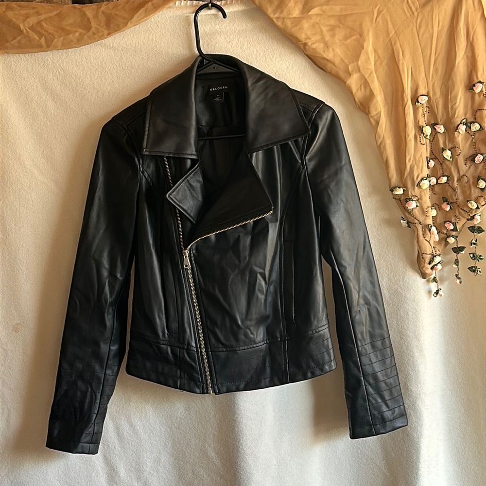 Halogen - Black Leather Style Biker Jacket. Multi Zips Size XS